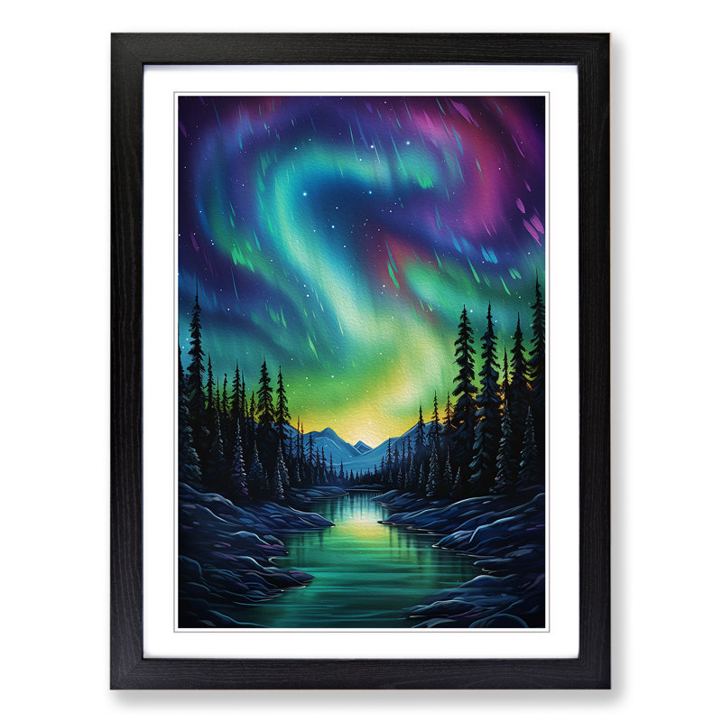 Northern Lights Modern - Single Picture Frame Print on Wood, 64cm H x 46cm W x 2cm D, Black