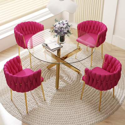 Ayron Round Restaurant Dining Set, Clear Dining Table with Cross Legs with Velvet Dininig Chair for Small Space and Dining Room