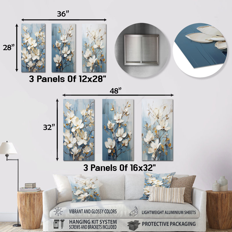 Ensemble de 3 élégantes sérigraphies magnolias blanches et bleues - magnolias, H 32 po x l 48 po, Floral I