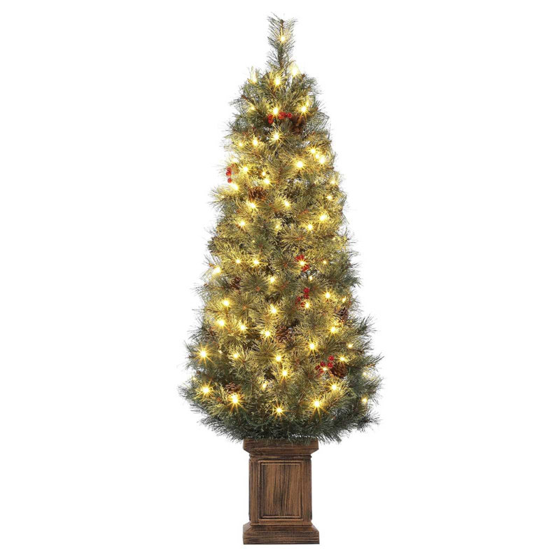Arbre de Noël artificiel 4,5 pi avec 4,5 lumières DEL chaudes, branches enneigées en pin avec baies rouges et pommes de pin, décoration de Noël pour la maison
