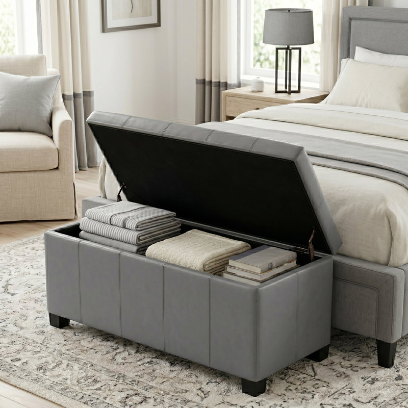 Repose-pieds rectangulaire avec rangement relevable Dover, Similicuir gris pierre