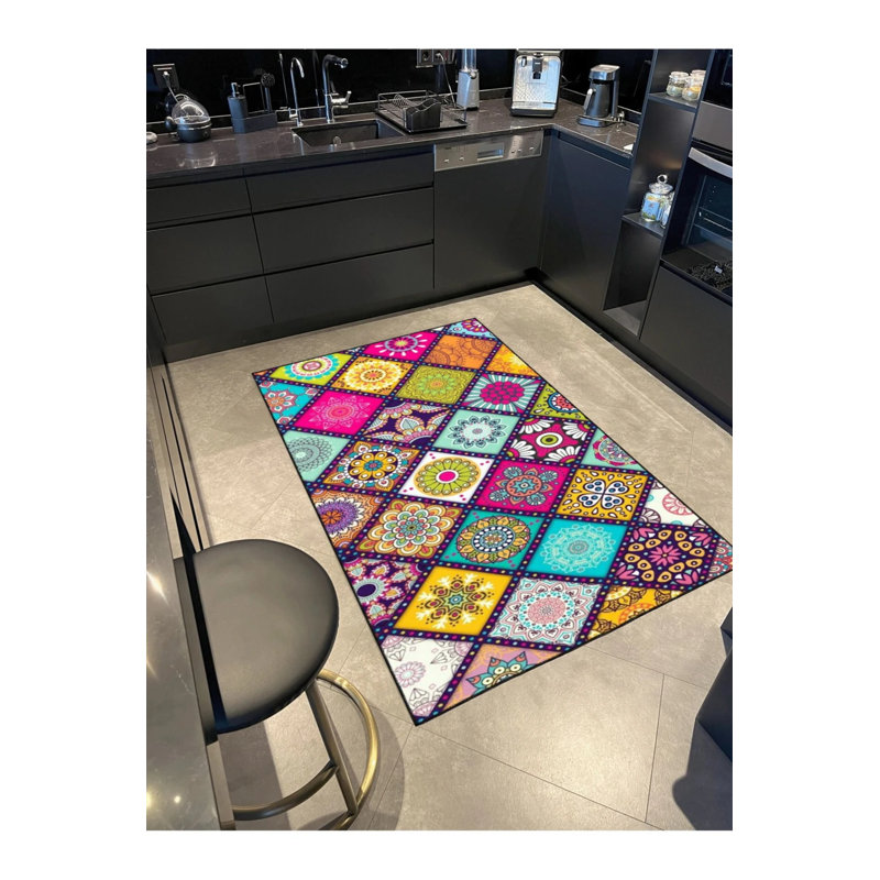Geometric Diamond Patterned Multicolored Framed Decorative Washable Carpet, Rectangle 5' x 9'11"