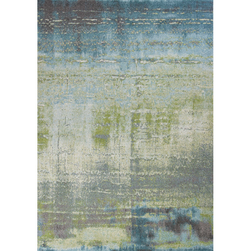 Urska Blue and Green Abstract Brushstrokes Area Rug, Rectangle 7'10" x 10'10"