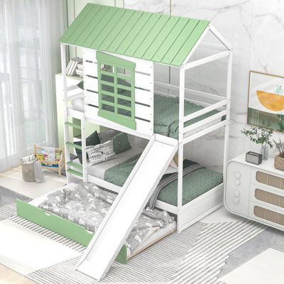 House Bunk Bed With Convertible Slide And Trundle
