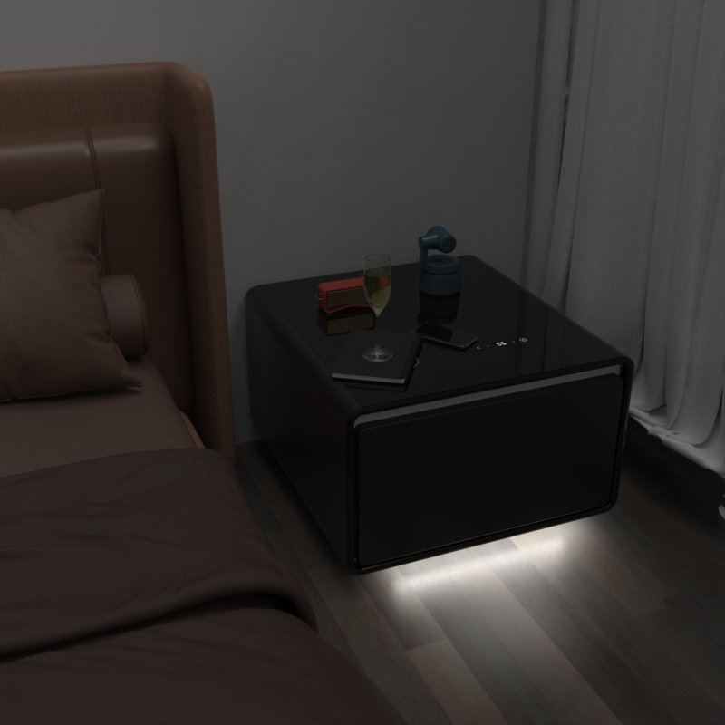 Black High Gloss Smart End Table with Fridge Drawer and Charging Station