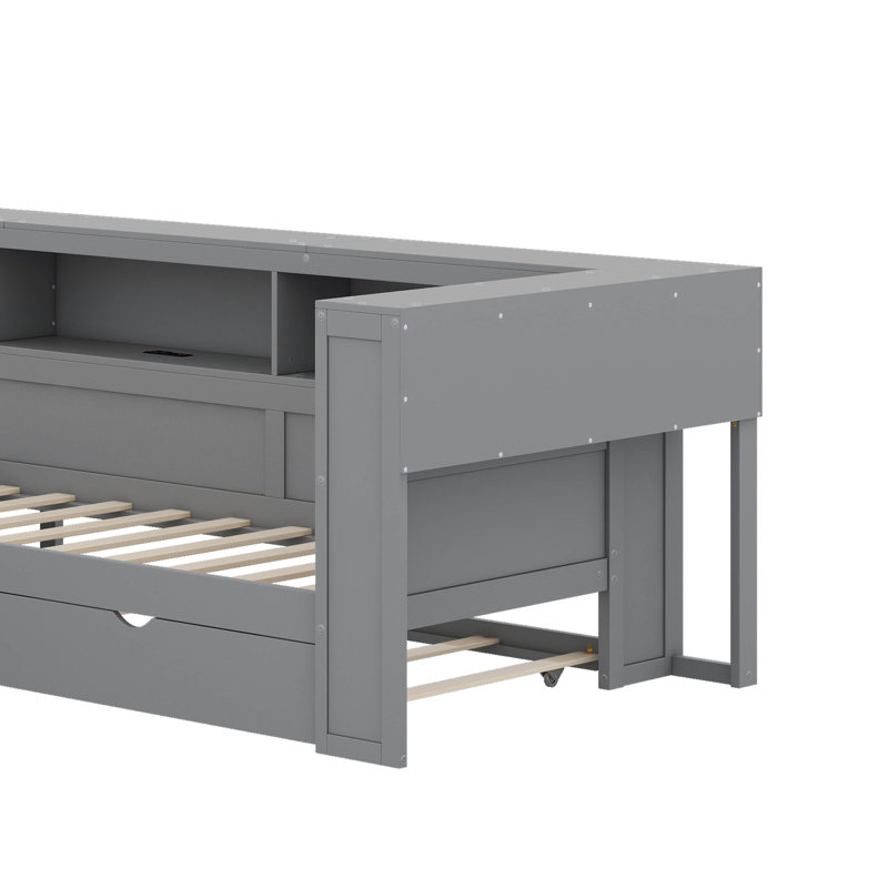 L-Shaped Platform Bed With Trundle, Daybed With Storage Shelf&Charging Station, Wood Twin Size Corner Bed Frame, Grey