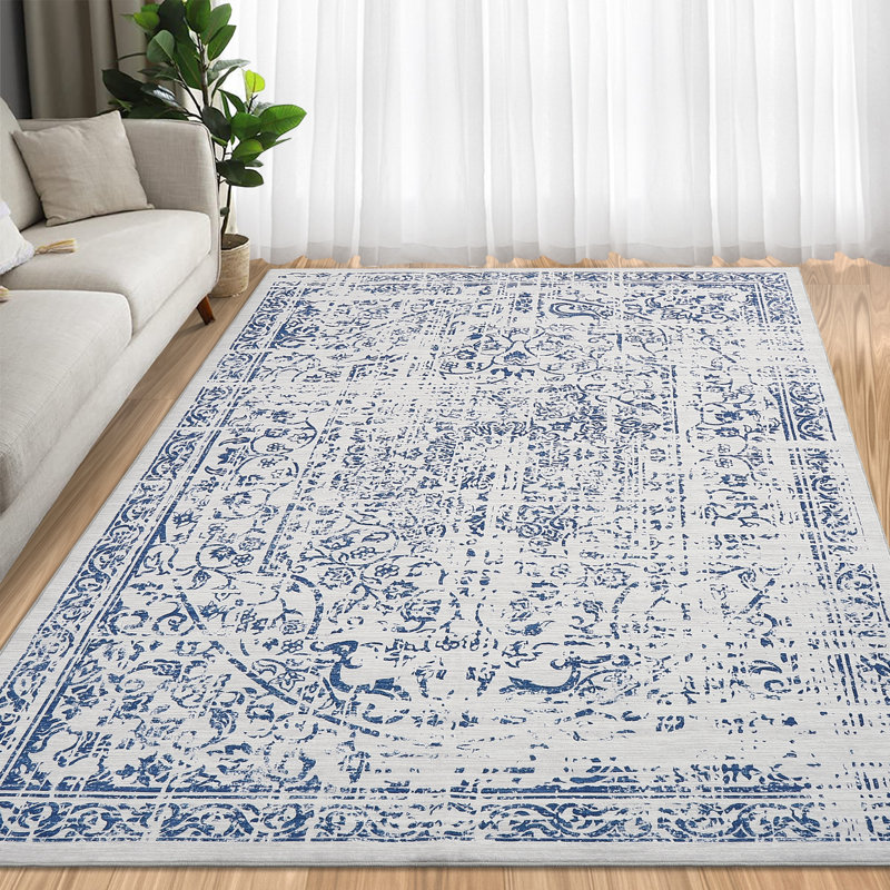 Oriental Machine Washable Rug Non-Slip Area Rug for Living Room Low-Pile Rug Indoor Floor Cover Floral Rug for Bedroom Dining Room Hallway Kitchen Office