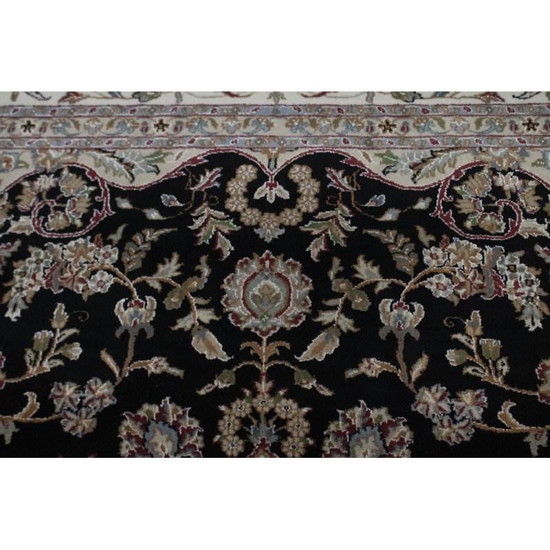 Tapis noir / ivoire / rouge en laine noué à la main 8 pi 1 po x 8 pi 3 po Oriental