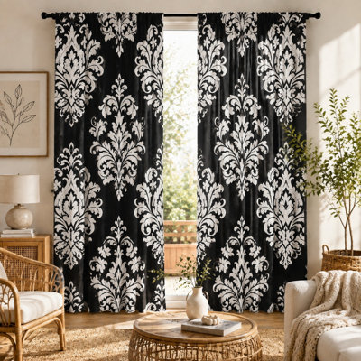2Pcs Black Damask Curtains with Vintage Floral Pattern, Baroque Style, Elegant Theme, Decorative Window Drapes, Ideal for Living Room, Bedroom, Dining, Accent Piece, Rod Pocket Hanging, Light Filtering