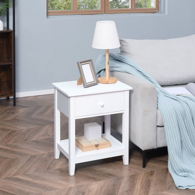 Table de bout blanche à 2 tiroirs avec tiroir et étagères, idéale pour les espaces de vie, rangement latéral profond de 13,72 pouces, pièce polyvalente