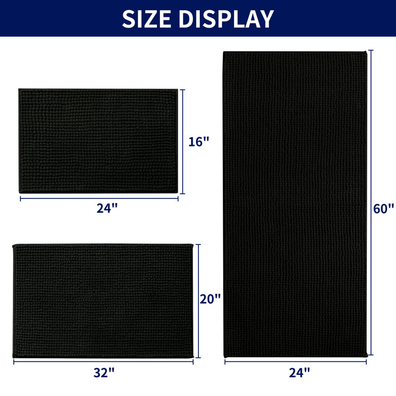 Tapis pour salle de bain Azriah Luxury Chenille, L 24 po x L 60 po, Noir