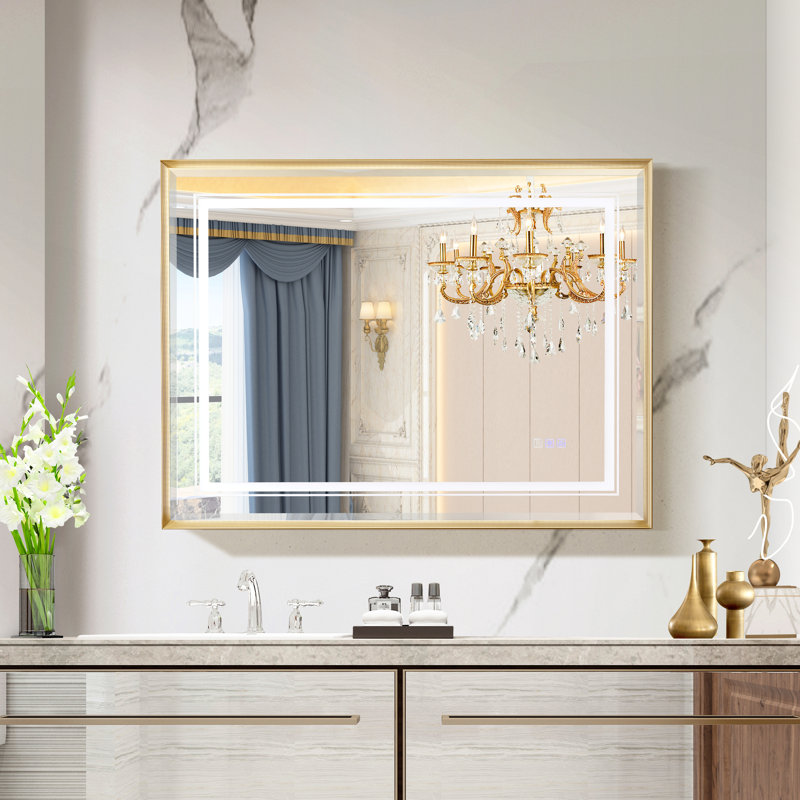 Miroir de meuble-lavabo 40 x 30 pouces avec DEL, options de couleurs 3000 - 6000K, brouillard, alliage d'aluminium doré, miroir mural à fixation murale, intensité variable 3000K, montable