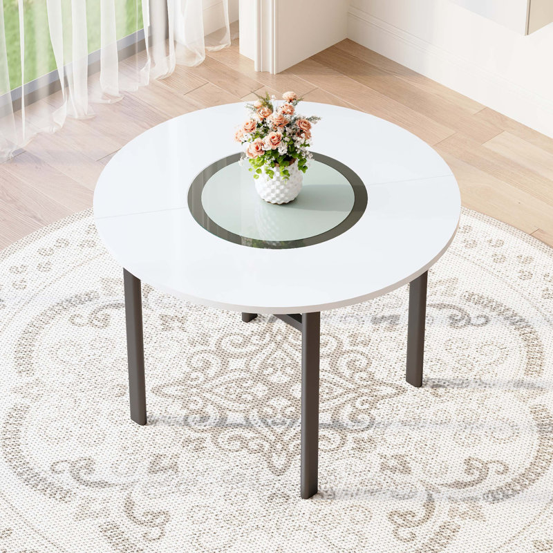 Table de salle à manger ronde 42 pouces blanche minimaliste moderne pouvant accueillir 4 à 6 personnes (incrustation de verre + support stable en métal, convient à plusieurs cas de figure).