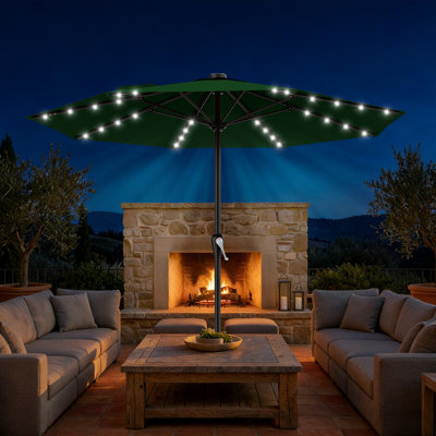 Parasol de terrasse 12 pi à DEL 8 pi avec système de levage à manivelle, cour arrière, bord de piscine, pelouse et jardin, évent, vert foncé