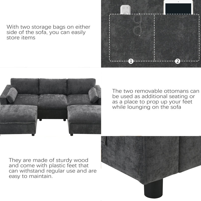 86.5'' Chenille Modular Sectional Sofa With Storage Pockets, 5 Seat U Shaped Couch Set With Pillows,Free Combination,Modern Cloud Sofa With 2 Movable Ottoman For Living Room,Apartment