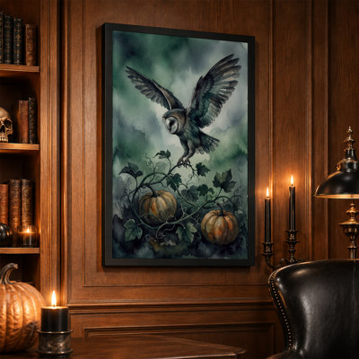 Chouette effraie volant au-dessus de citrouilles et de vignes vertes - Tableau sur toile pour l'Halloween
