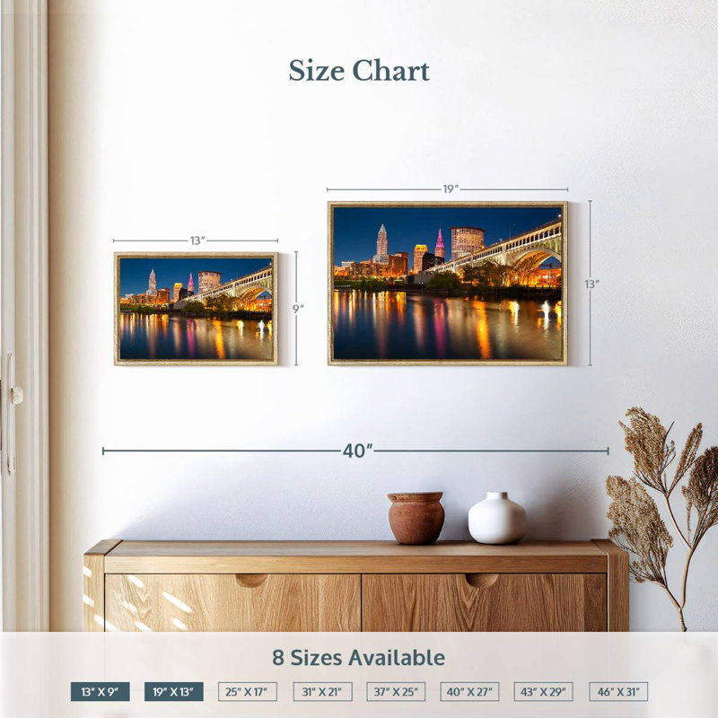Cleveland Downtown, 19" X 13", Floating Frame Natural Wood