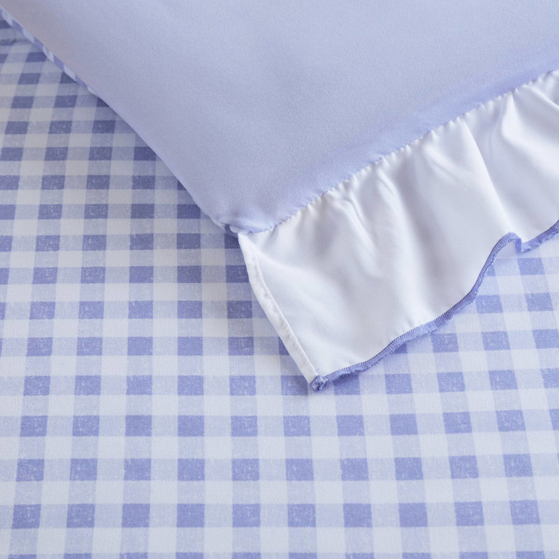 Édredon 4 pièces pour lit double / grand, accent, volant double couche, coussin rond blanc, microfibre légère double / grand, première couche, deuxième volant doux et respirant