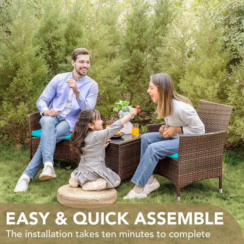 Compact 3-Piece Outdoor Patio Bistro Set PE Rattan Conversation Set, Blue Cushion/Brown Frame