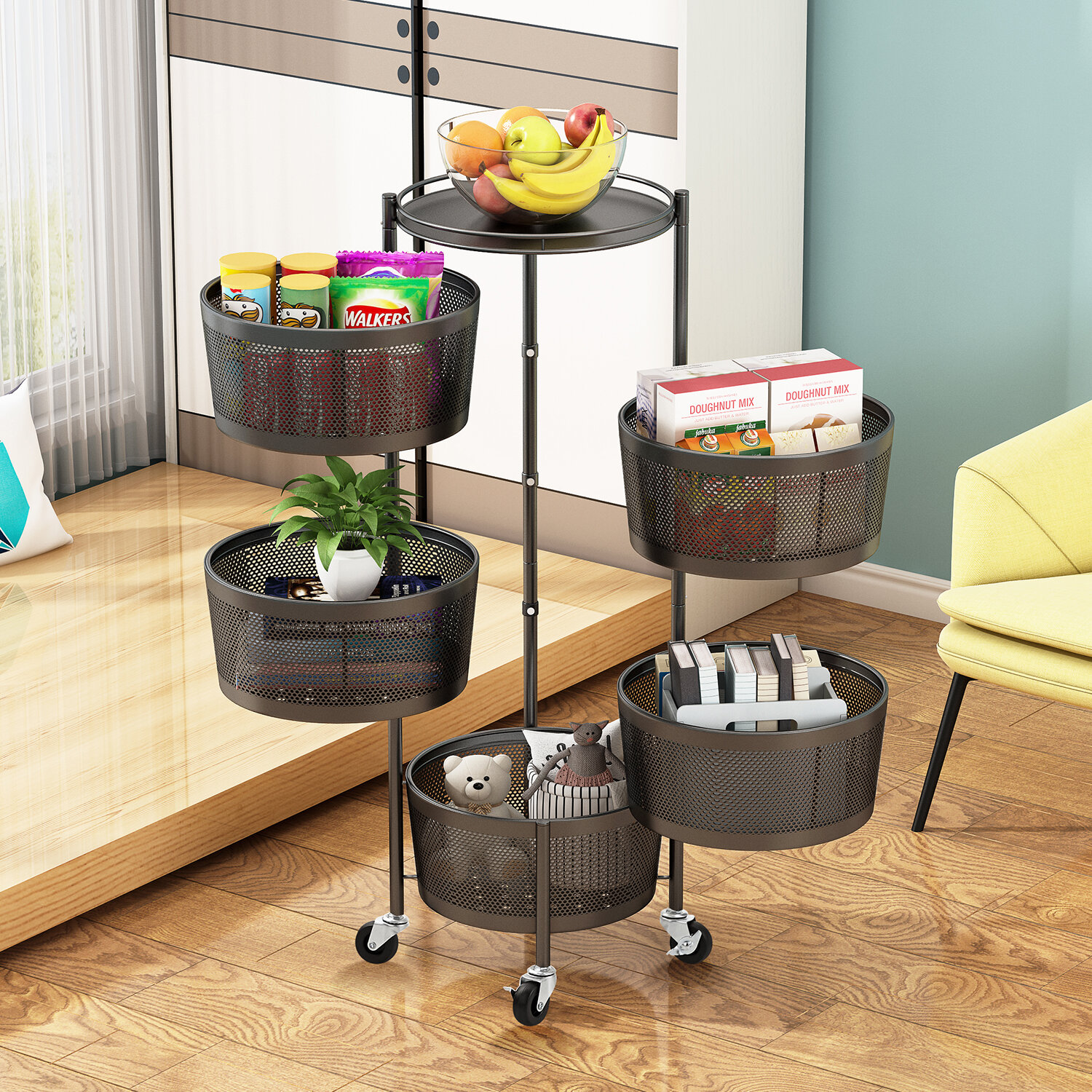 Kitchen Rotating Storage Rack Home Multilayer Vegetable Basket Round Storage  Shelf with Wheels Space Saving Organizer