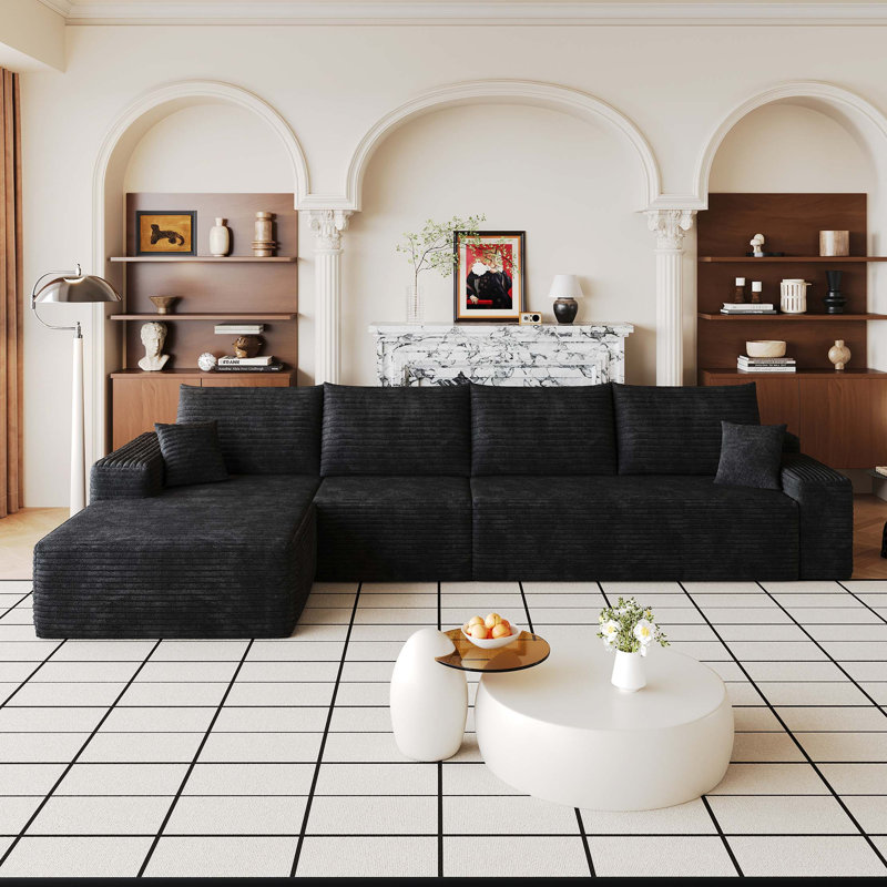Canapé d'angle Cloud de 343 cm avec méridienne en L, canapé modulable moderne avec assise profonde, Velours côtelé noir