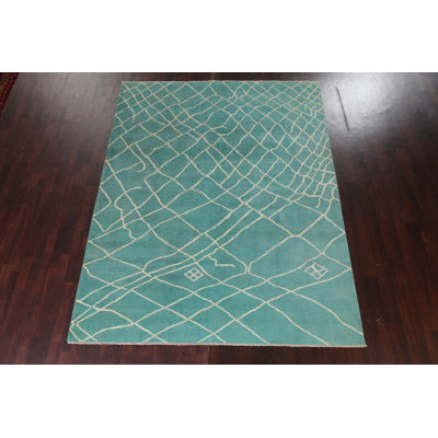 Tapis turquoise en laine à teinture végétale marocain noué à la main 7 pi 9 po x 9 pi 10 po