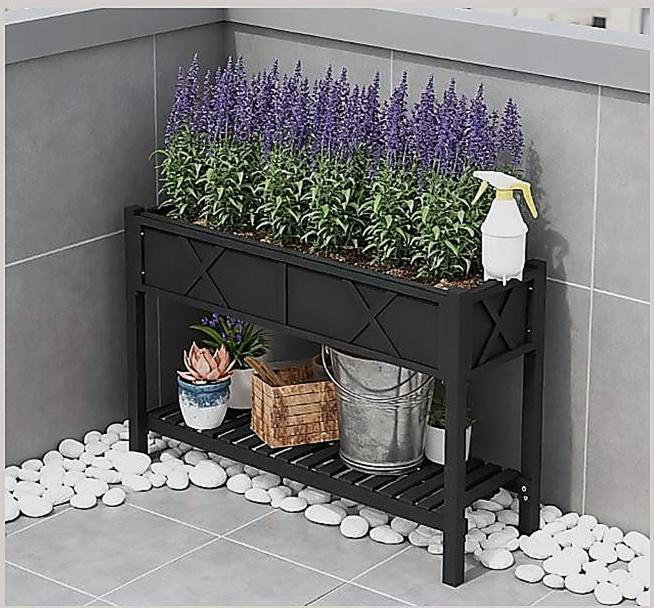 Boîte à fleurs surélevée en bois, lit de jardin surélevé, avec tablette de rangement, trous de drainage et doublure, Noir