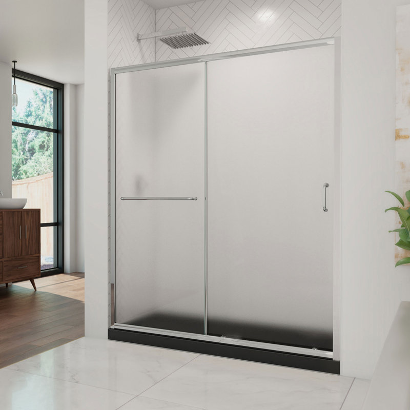 Infinity-Z 60" W x 30" H x 74.75" H Semi-frameless Sliding Shower Kit with Base Included, Center, Chrome/Black