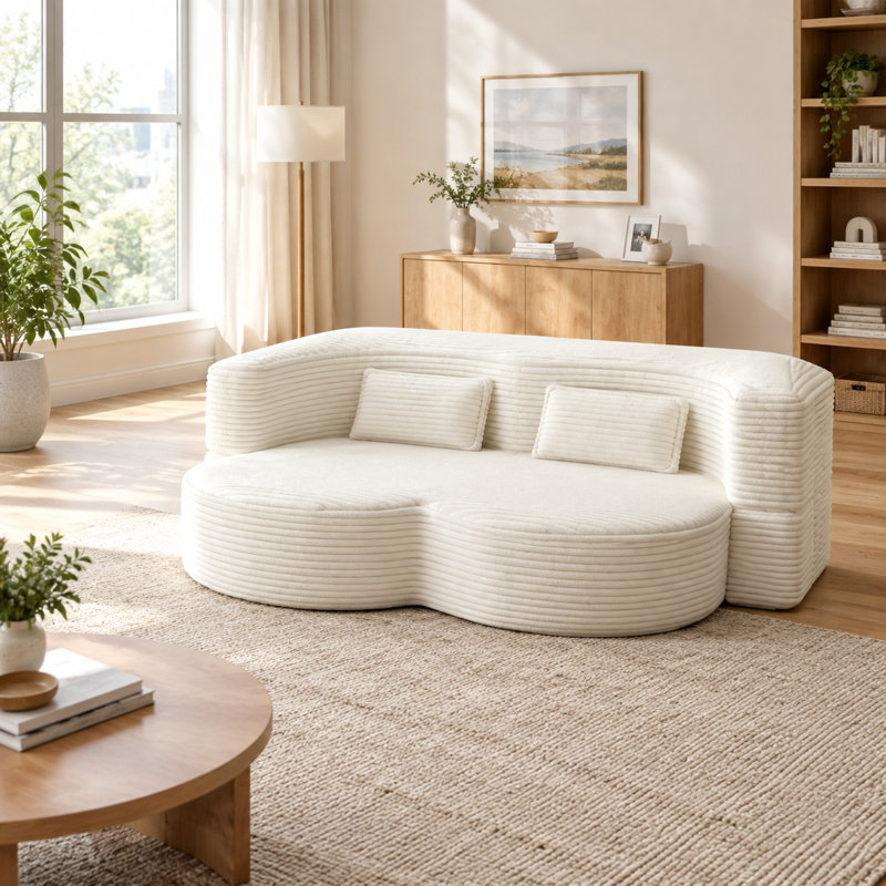 Canapé-lit convertible moderne en velours côtelé, beige et blanc – Lit simple garni de mousse avec 2 oreillers, aucun assemblage requis