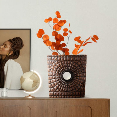 Dark Brown Carved Sunburst Resin Vase, Geometric Textured Rectangular Table Vase