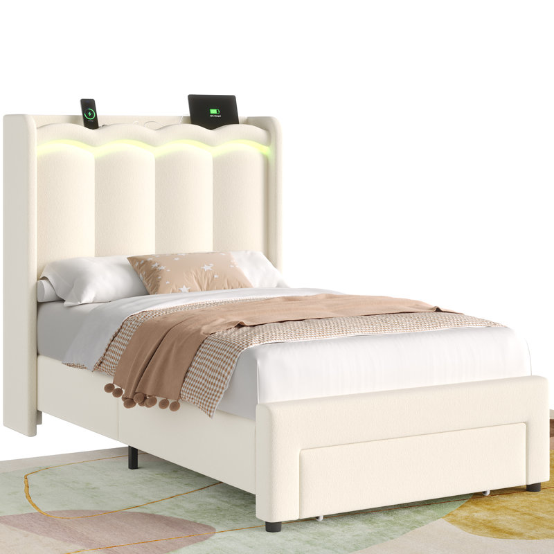Lit d'enfant en velours avec lumières DEL et lit plateforme avec 1 tiroir, Lit simple, Beige