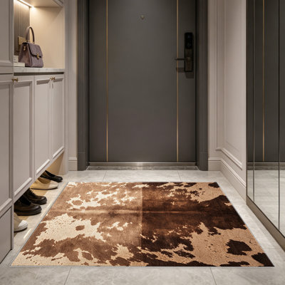 Tapis brun clair en cuir de vache texturé pour le salon, doux et confortable, convient à toutes les saisons, facile à entretenir, tapis d'intérieur lavable à la machine, sous la table de ferme convenant à la chambre à coucher, à la salle à manger, au bureau, au patio, au balcon, à la maison
