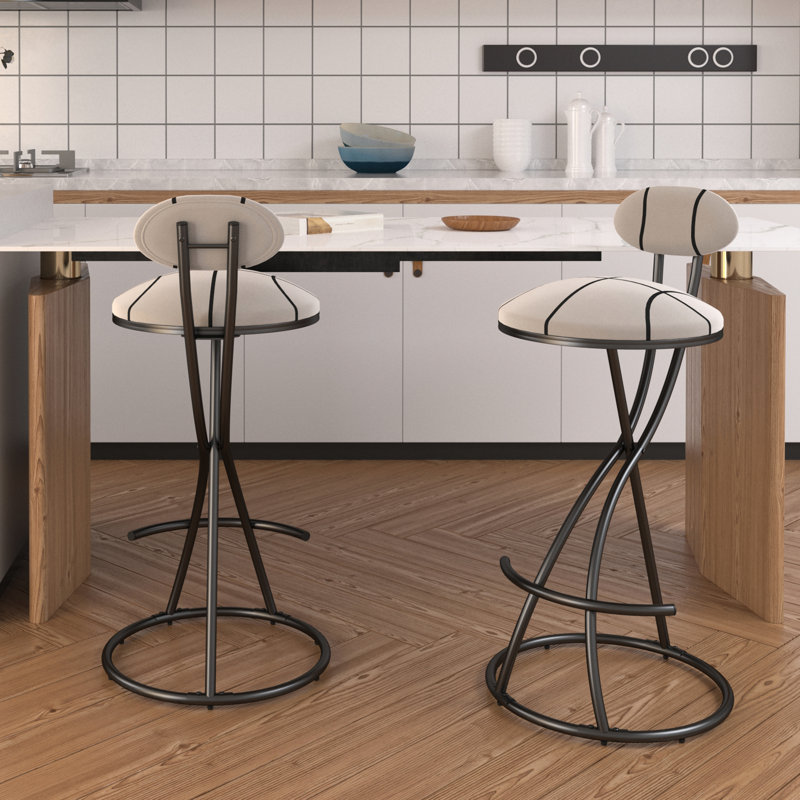 Black Striped Counter Height Bar Stools, Of 2 For Indoor Use, Soft Foam Cushion, Robust Metal Frame, Quick Assembly, Ideal Bistros Velvet Upholstered, Ergonomic , Footrest, Stable Base, 220 Pounds