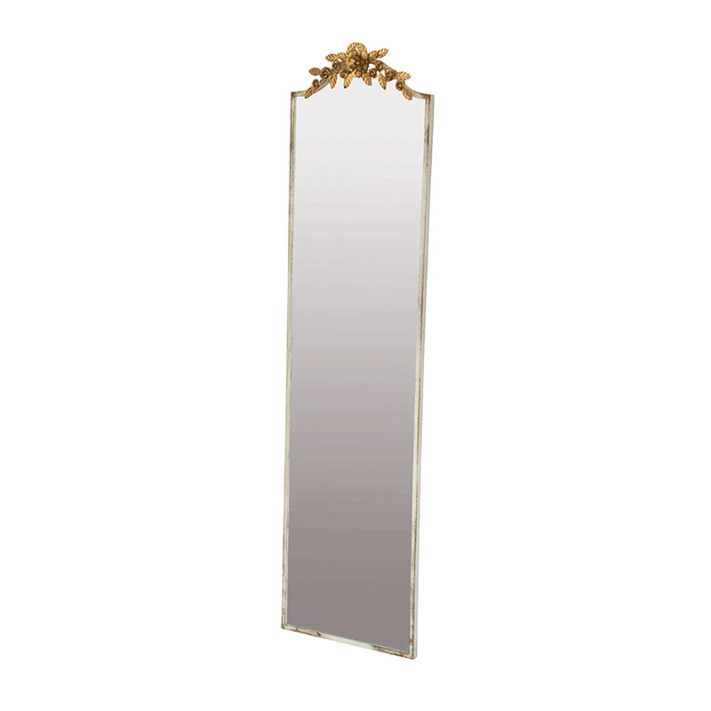 18.1X1.6X70.9" Large Rectangular Full-Length Mirror With Distressed Ivory Frame And Gold Floral Crown