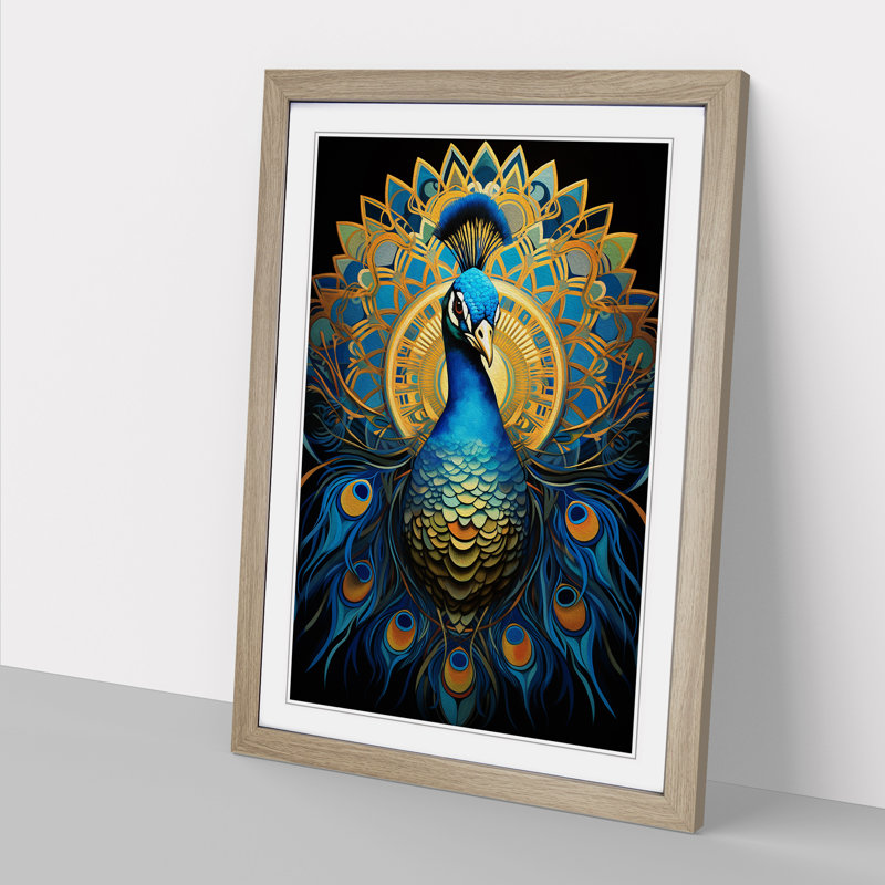Peacock Geometric - Single Picture Frame Print on Wood, Oak Framed, 34cm H x 25cm W
