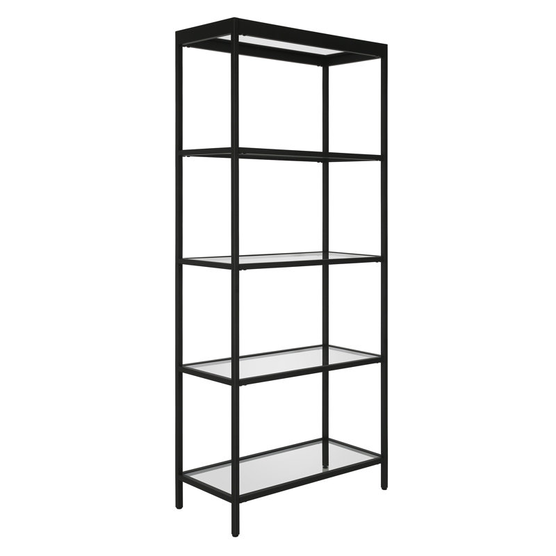 Alexis 70"H 4-Tier Metal Glass Wide Rectangular Bookcase in Blackened Bronze, Black, 70" H x 30" W x 14" D
