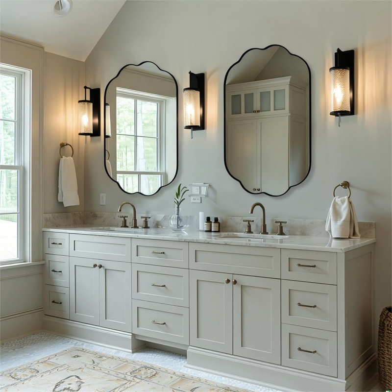 Contemporary Oval Scalloped Bathroom Vanity Wall Mirror | Stainless Steel Frame, Matte Black, 36" x 24"