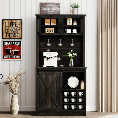 72" Farmhouse Coffee Tall Bar Cabinet with Sliding Barn with Wine Rack by Gracie Oaks