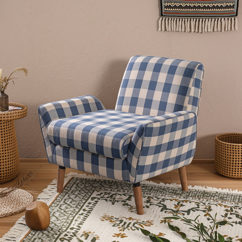 Chaise d'appoint rembourrée avec accoudoirs roulés, Blue Checkerboard