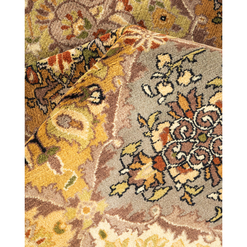 Tapis jaune / gris / noir noué à la main de conception unique 7 pi 1 po x 7 pi 1 po Verdale Mogul