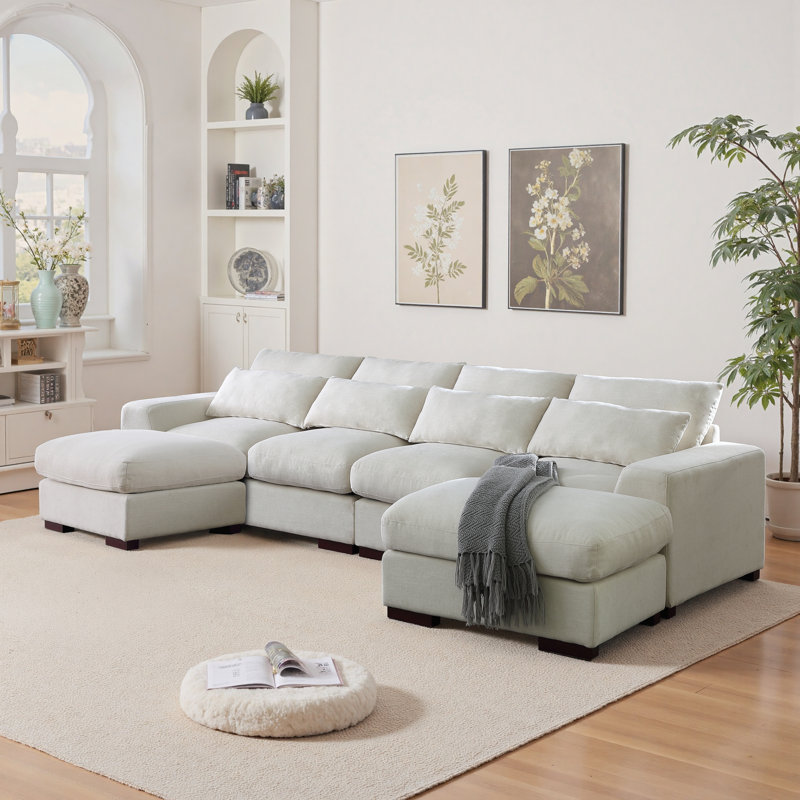 Tatman Linen Blend Sectional With 2 Ottomans,U-Shape Sectional Sofa Couch, Beige Linen