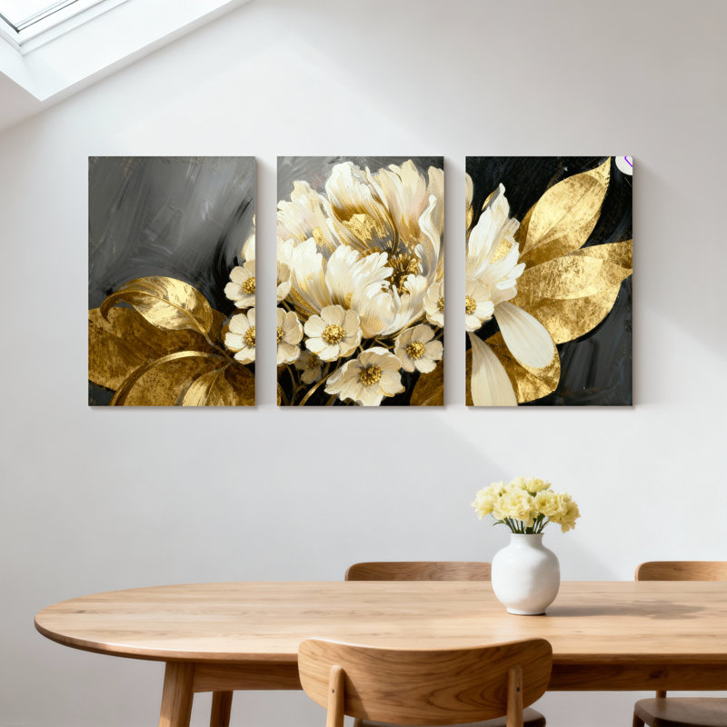 Pivoine, fleurs dorées sur fond noir avec reflet, ensemble de 3 impressions sur toile, H 30 po x l 60 po