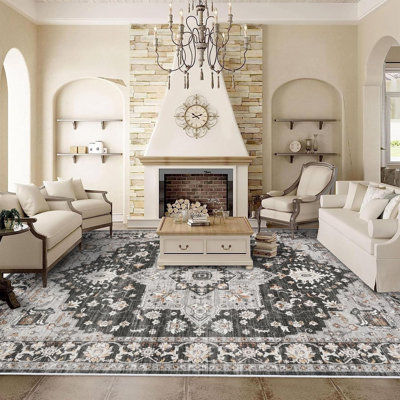 Black Washable Area Rug, Non Slip Rubber Backing, Stain & Fade Resistant, Floral Distressed Indoor Floor Carpets, 9x12