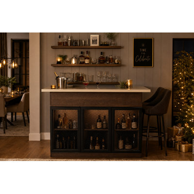 Bar à domicile à deux niveaux de 150 cm avec porte-verres à vin, armoires et tiroirs de rangement
