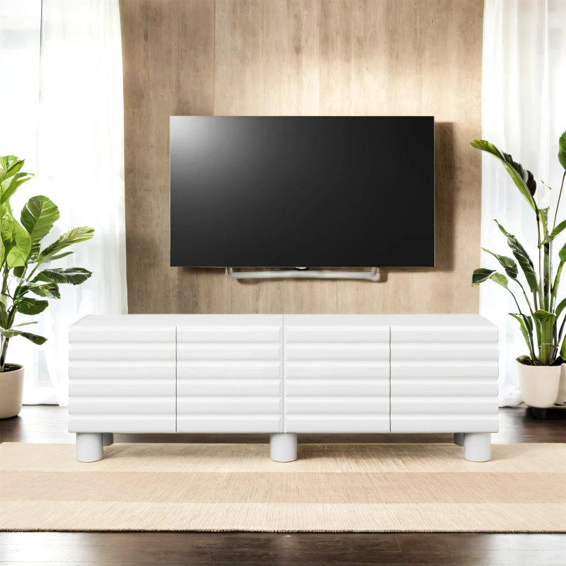 Élégant meuble télé à devant ondulé épais, convenant aux téléviseurs de moins de 75 pouces, White