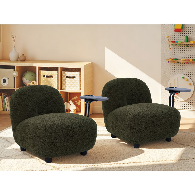 Chaise d'enfant moderne et confortable de 56 cm de large, rembourrée et dotée d'une tablette latérale intégrée, Green