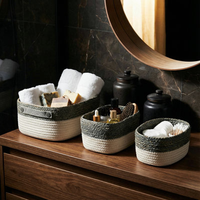 Ensemble de 3 paniers de rangement en corde de coton, blanc et gris