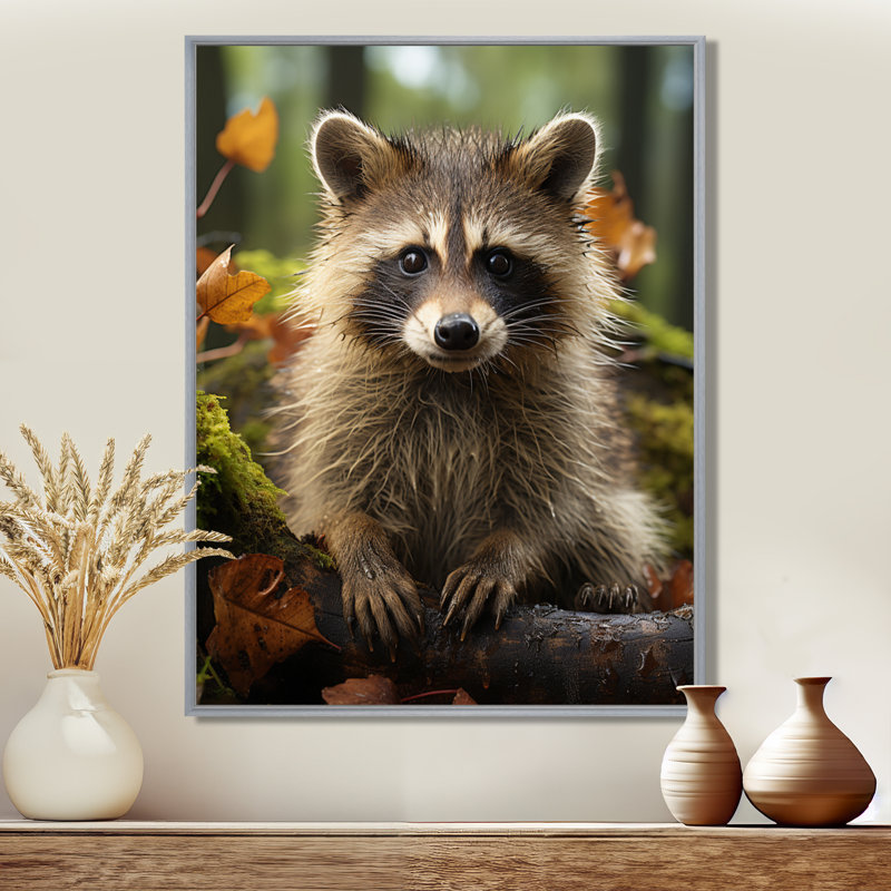 Vibrant Raccoon Portrait III - art mural de raton laveur pour le salon, H 32 po x l 16 po x P 1 po, Encadrement argenté