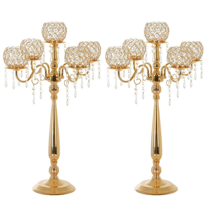 5 Arm Crystal Candelabra Centerpieces For Wedding Tables,29.5 Inches Tall, Gold, 2