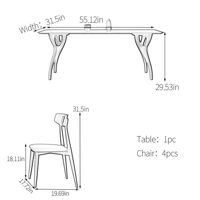 Creative solid wood rectangular dining table set, 5